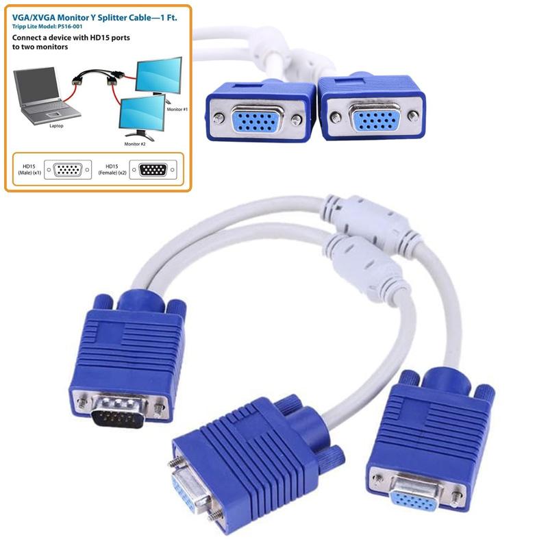 VGA Splitter Kabel Dual 2 Monitor 15pin Dua Port Male To Female (Biru)-Intl 1 Computer to Dual 2 Monitor Adapter/1 Vga to 2 female Vga/VGA CABANG