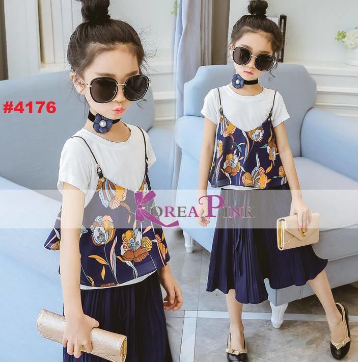 STELAN ANAK 3IN1 ATASAN PUTIH TANKTOP FLOWERS + + KULOT PANTS PLATTED