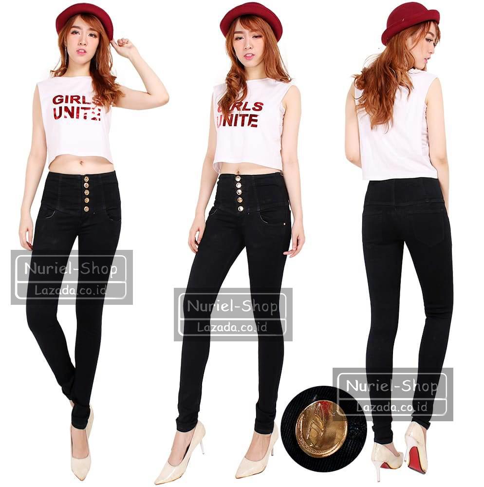 NJ -  Nuriel Jeans - Celana Jeans Wanita – Original Quality – Skinny High Waist – Jeans Kancing 5 (Lima) – Hitam