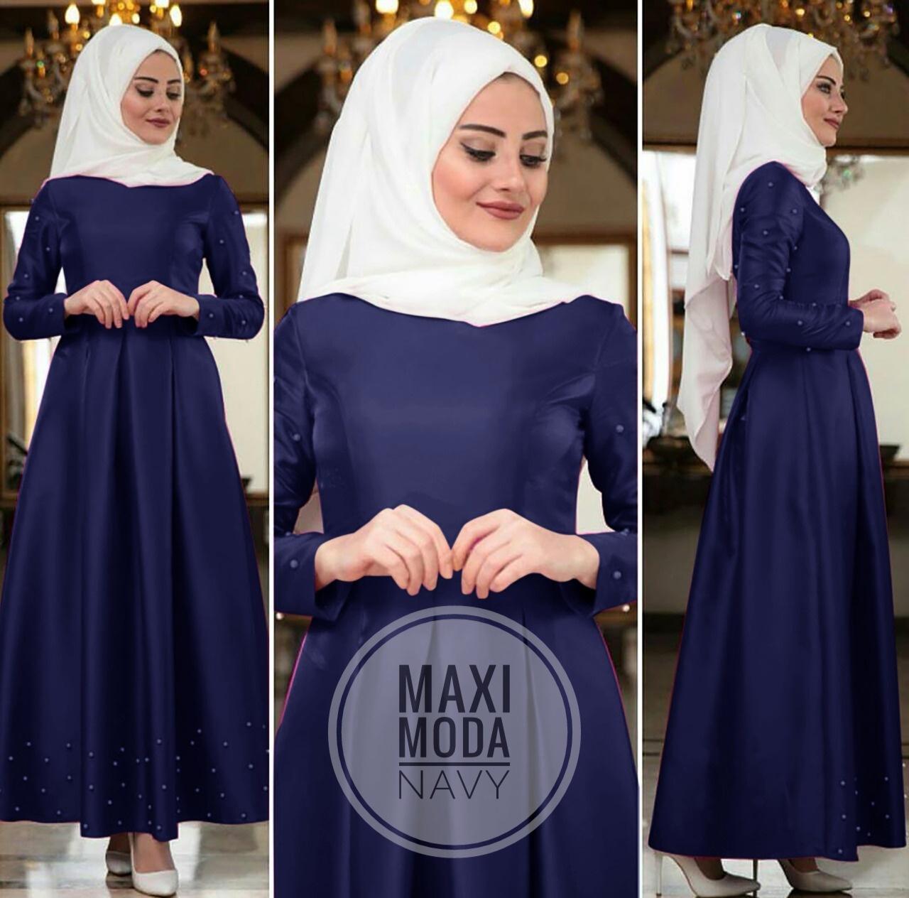 GAMIS MUSLIMAH MURAH/ BAJU PESTA MAXI DRESS KOMBINASI MUTIARA BEST SELLER / MAXI DRESS MODA NAVY ( NO PASMINA)