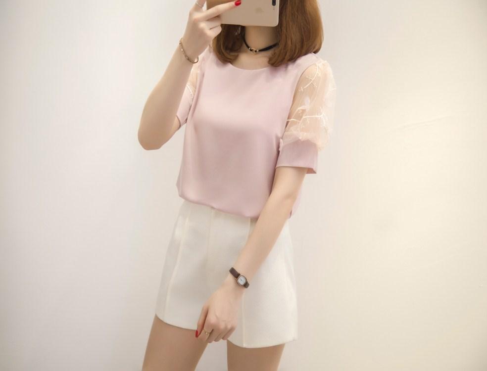 Kemeja Sifon Kain Organza Musim Panas Baju Dalaman Manis Warna Solid (Pucat Merah Muda Abu-abu)