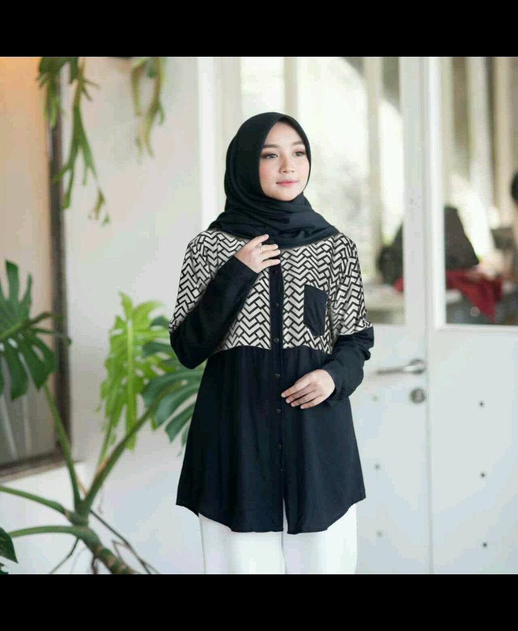 LT Kemeja Tunik Zigzag Katun Rayon Fit L LD 95 No Pashmina Blus kekinian Kemeja Panjang Baju Lebaran