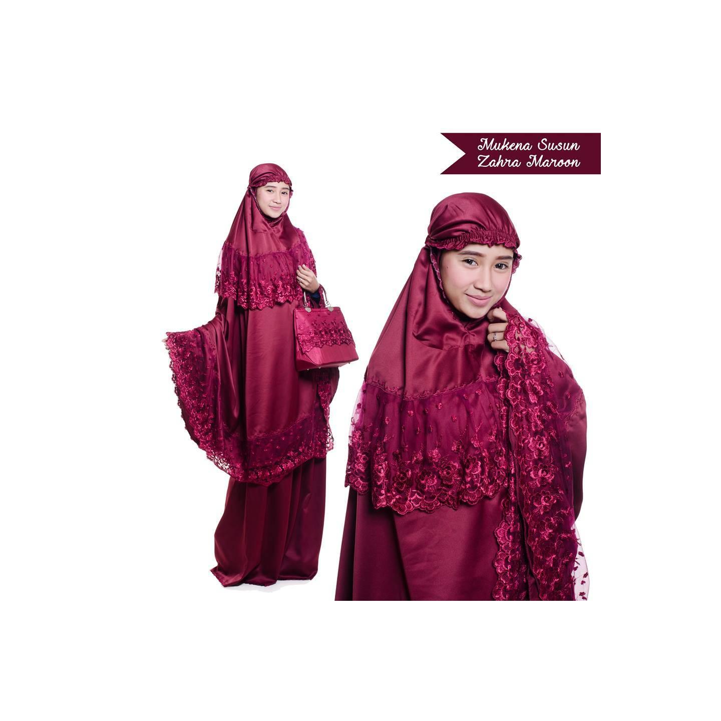 (Busana Muslim Muslimah) MUKENA DEWASA BROKAT ZAHRA MAROON