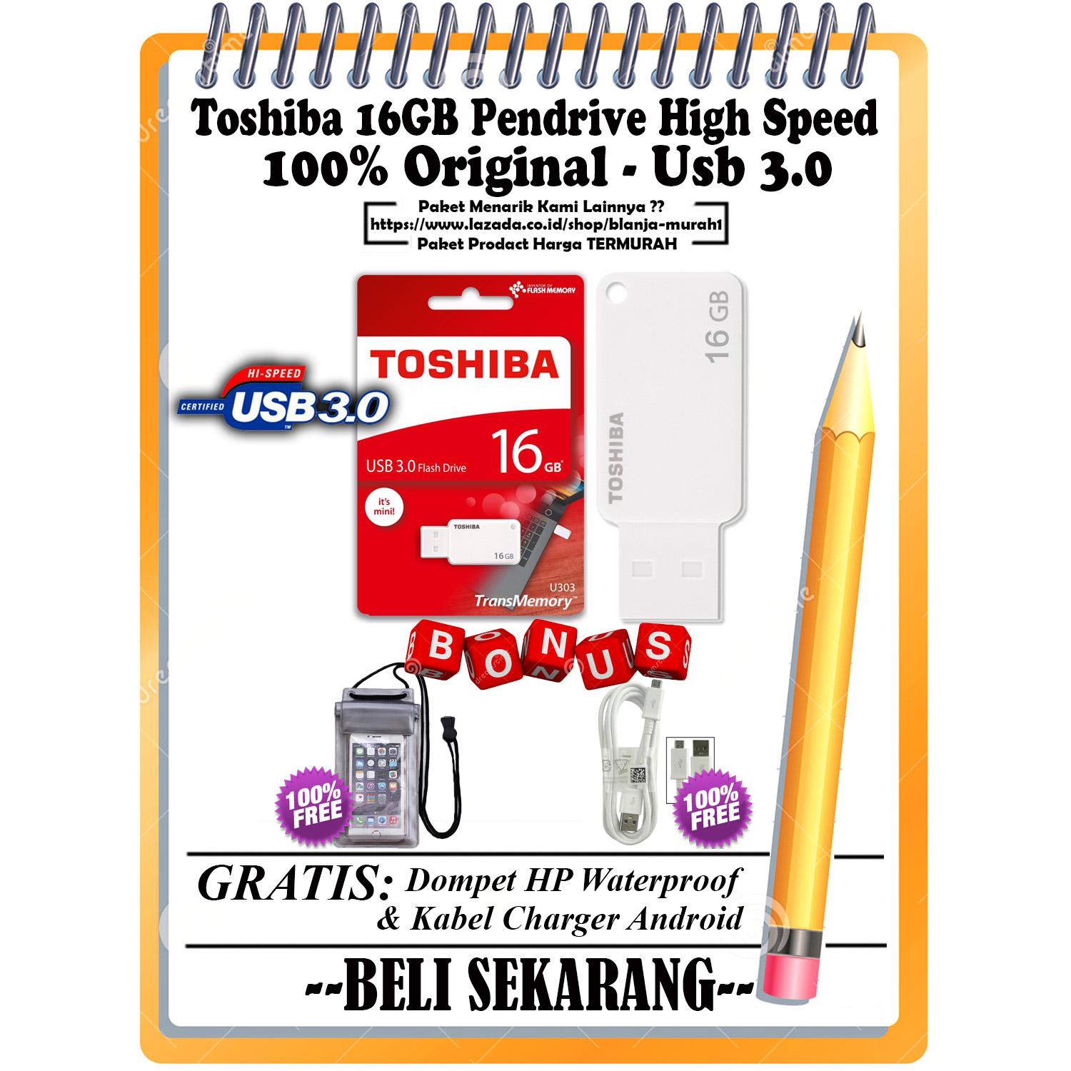 Toshiba 16GB Pendrive High Speed USB 3.0 (White) - GRATIS Kabel Charger Micro Android & Dompet HP Waterproof