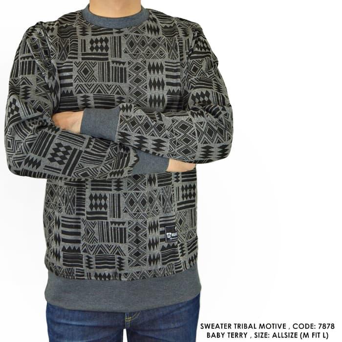 SWEATER SWITER MOTIF PRINT CORAK TRIBAL HITAM COWOK PRIA - seperti di foto