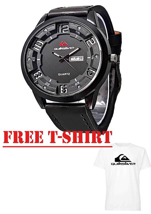 Jam Tangan Pria Quick Silver strap kulit gratis T-shirt quick silver