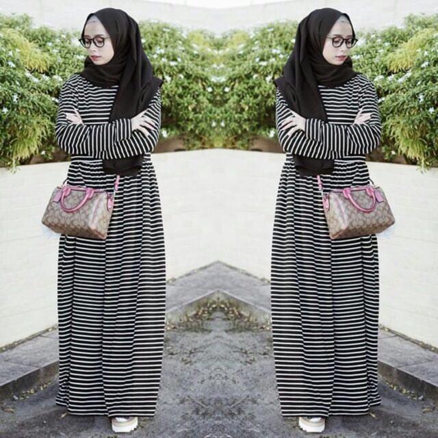 (DM) Baju Gamis Muslim Wanita Athina Stripe (Tanpa Hijab) Konveksi Tanah Abang