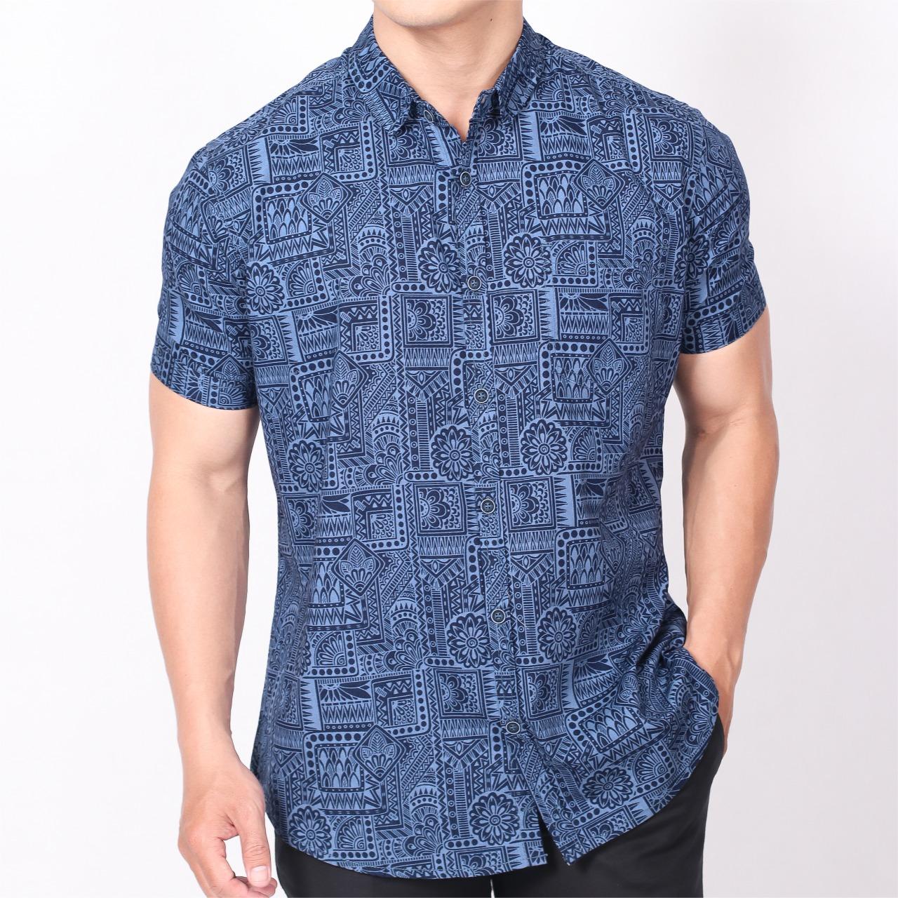 Kemeja Batik Biru Lengan Pendek Cressida Original Potongan Slimfit