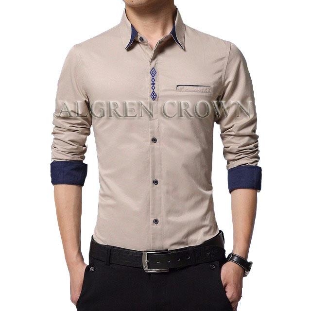 Algren Baju Hem Kemeja Pria Crown lengan panjang - Coklat Muda / Khaki / Slim fit / Casual / Polos / Kerja / Kantor / Katun / Kem Tangan Panjang Cowo / Atasan Cowok / Pakaian Laki laki Dewasa Slimfit