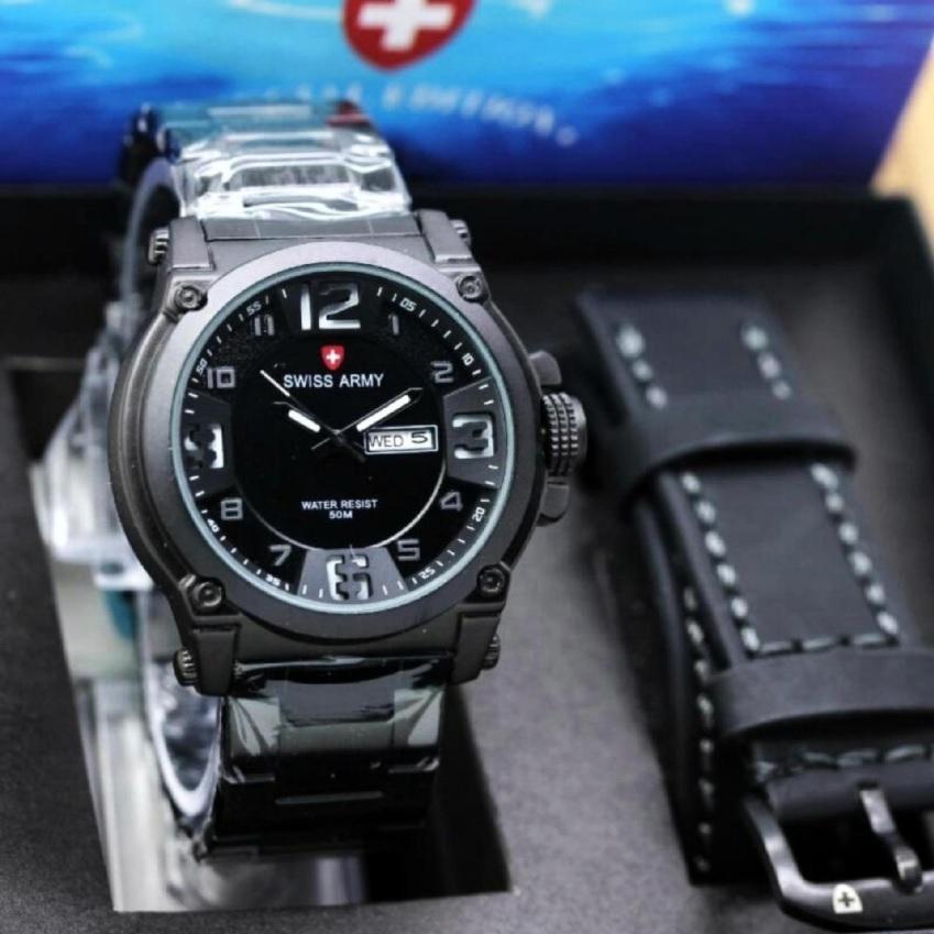 SWISS ARMY ORI - JAM TANGAN PRIA FASHION - TANGGAL HARI AKTIF - RANTAI BONUS TALI KULIT