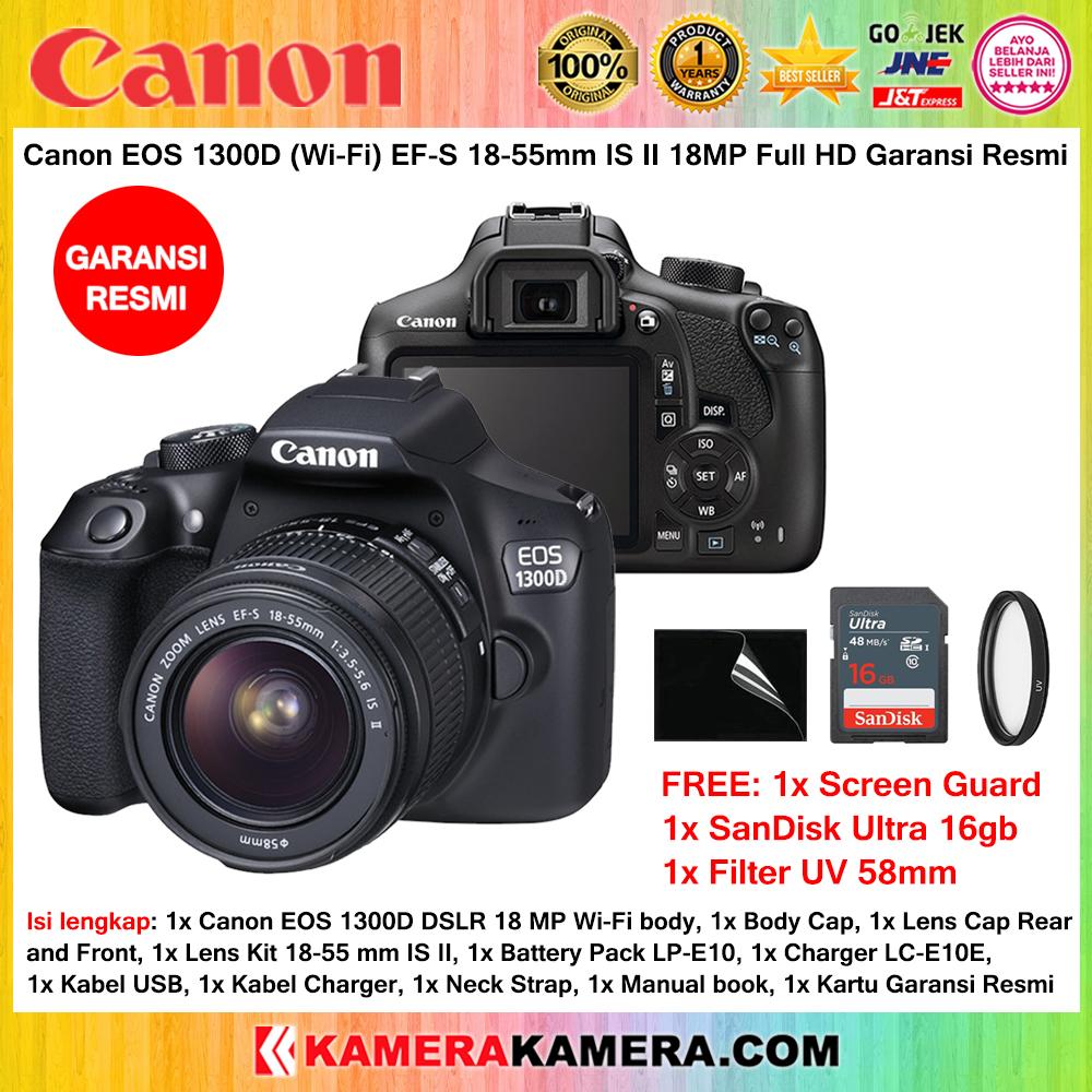 CANON EOS 1300D EF-S 18-55mm IS II WiFi 18MP GARANSI RESMI + Screen Guard + SanDisk Ultra 16gb + Filter UV 58mm