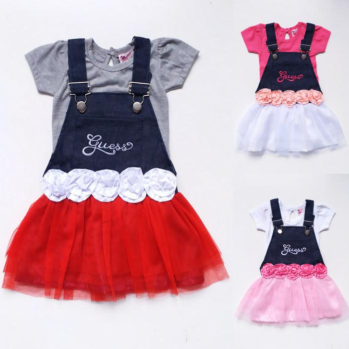 Baju Setelan Anak Perempuan Kaos Rok Overall Jeans Tutu Guess Rose