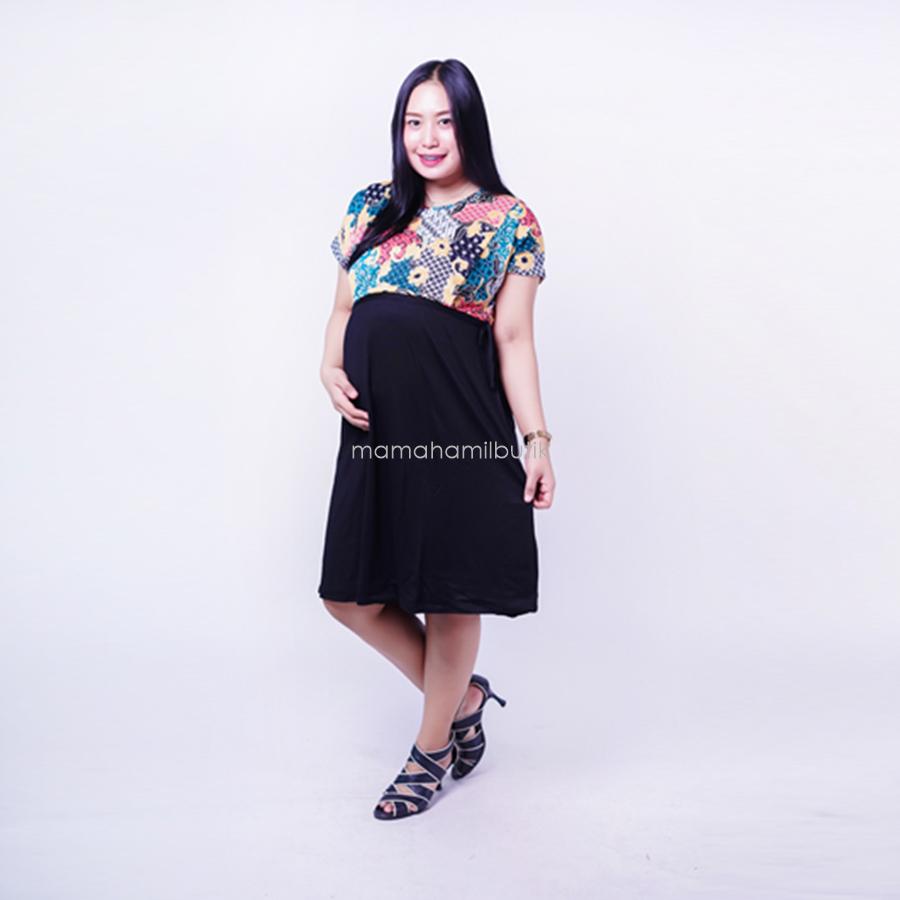 Ning Ayu Dress Hamil Batik Combi Kaos Hitam Chrysant Cantik - BTK 163 / Baju Hamil Kerja / Baju Hamil Modern / Baju Hamil Lucu / Baju Hamil Modis/ Baju Hamil Murah / Baju Hamil Untuk Kerja /Baju Hamil Muslim / Baju Hamil Seksi