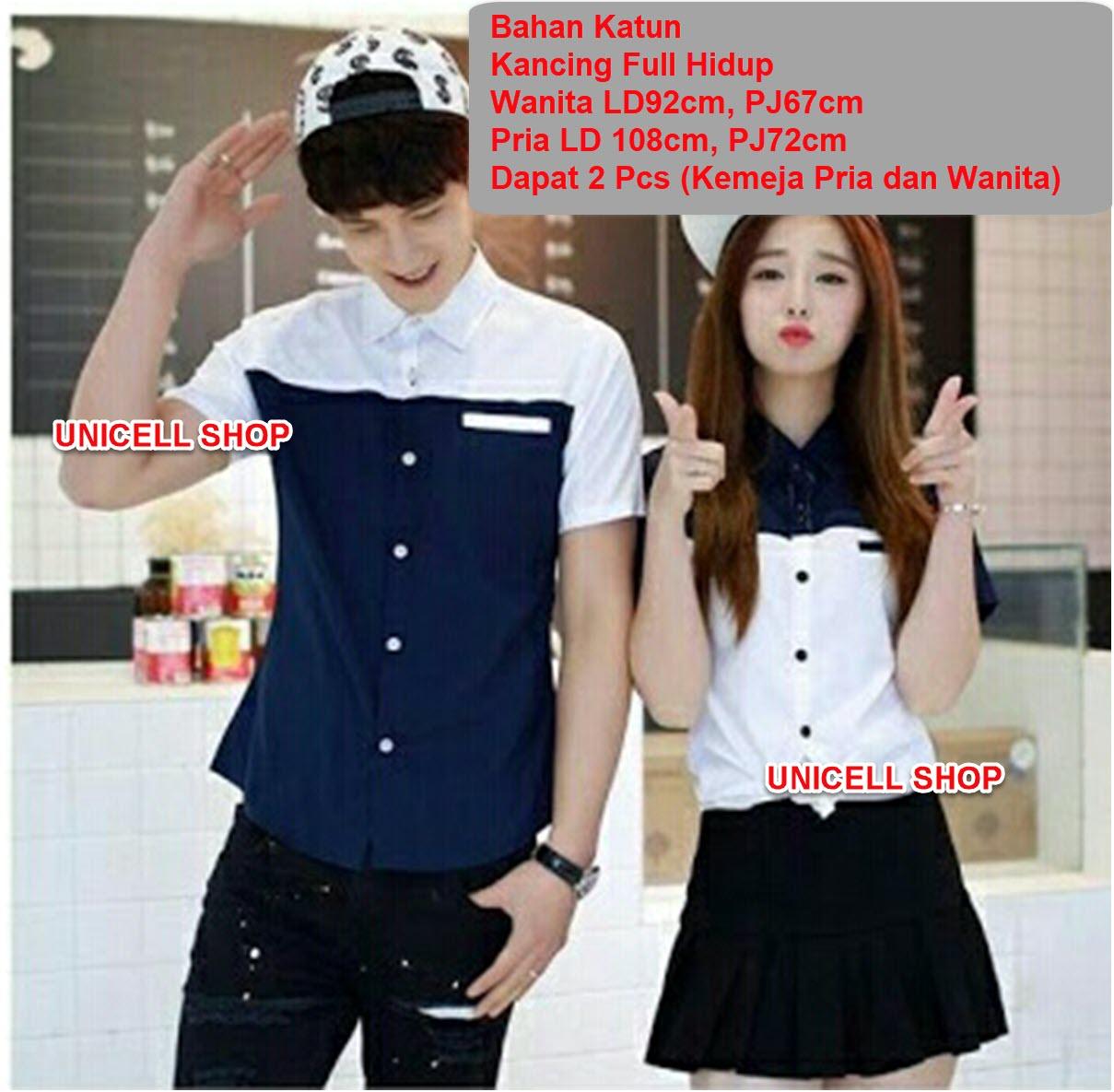 Baju Wanita Shop Kemeja Couple Pria Wanita Lengan Pendek/ 2 Warna / Kaos Pasangan / Kaos Couple / Pakaian Kembar / Baju Muslim Wanita / Baju Muslim Pria / Couple / Kaos Oblong / Cotton Combed Pasangan (uebl itewh) NR - Biru putih D2C