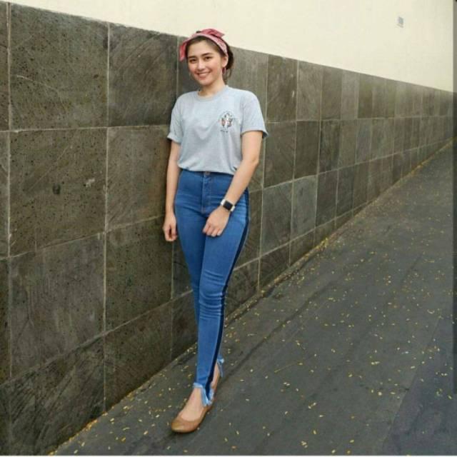 Celana Jeans Wanita Highwaist Stripe Dark Blue Highwaist List Kekinian Highwaist Murah Tanah Abang 0