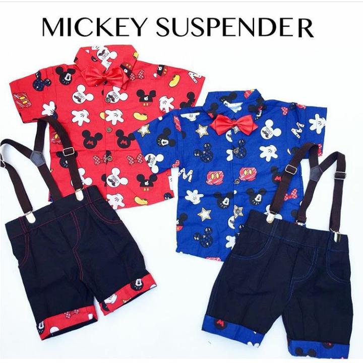 Setelan Kemeja Anak Cowok Karakter plus Suspender - Baju Anak Laki-Laki Terbaru - Stelan Formal dasi - Pakaian Pesta Bayi Kekinian