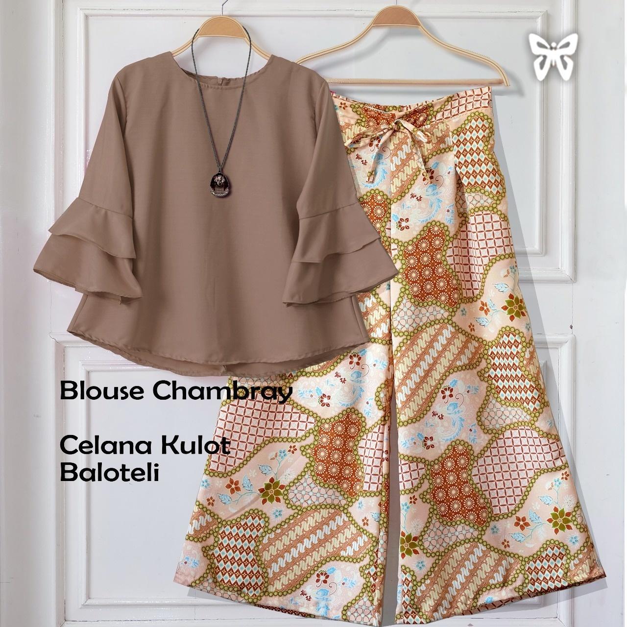 Flavia Store Setelan Wanita Batik FS0285 - COKLAT MOCCA / Stelan Muslimah / Atasan Baju Blouse Kemeja Lengan Panjang Terompet Bawahan Celana Kulot Muslim / Srshania