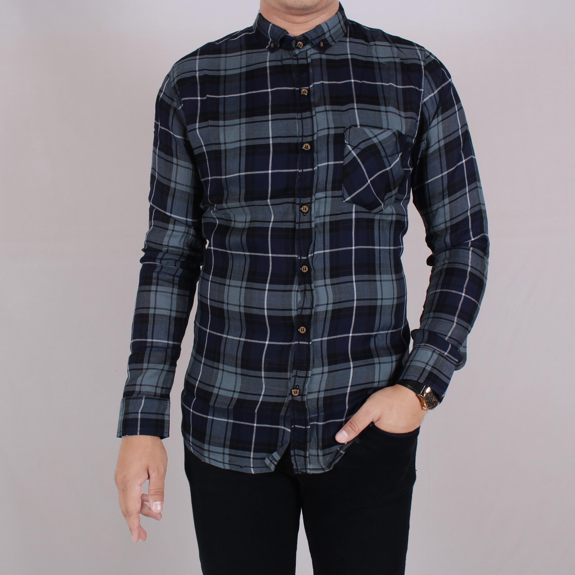 Zoeystore1 Kemeja Flanel Pria Lengan Panjang Exclusive Baju Kemeja Flanel Cowok Kerja Kantoran Formal Blue Plaid White Kemeja Distro Casual 6064