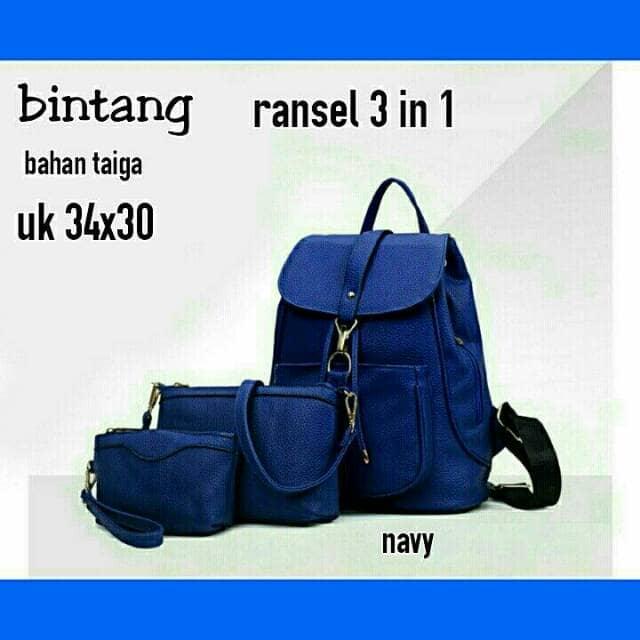 Jual Termurah Tas Ransel Backpack Fashion Serut Wanita Cewek SET 3in1 BIRU - Navy Promo