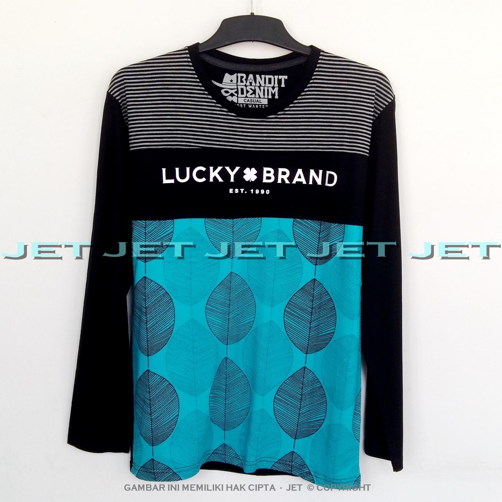 JET - Kaos Distro LUCKY Daun Hijau Lengan Panjang Soft Rayon Viscose Blended Lycra Size M Fit To L Pria / Wanita Garis Salur Motif Visual Art