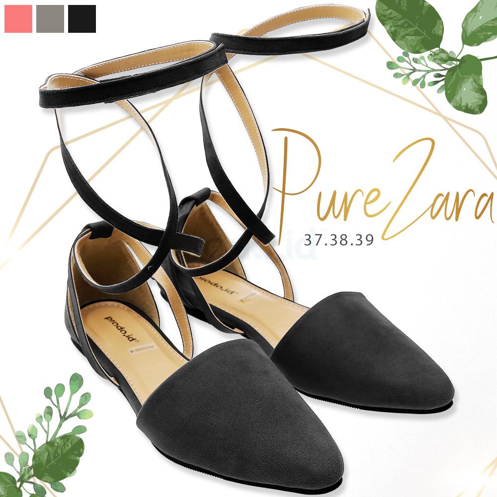 Flat shoes wanita promo hari raya point toe Pure Zara warna hitam gading ukuran 37 awet tahan lama