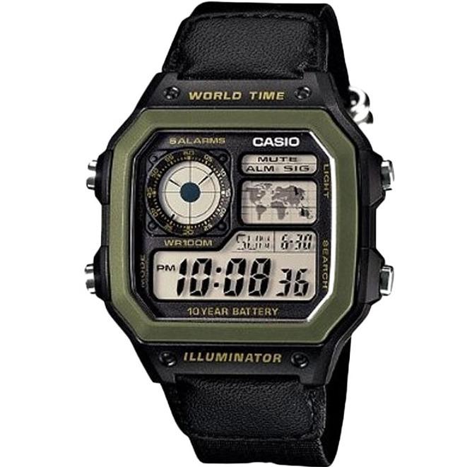 CASIO AE-1200WHB-1BVDF - Casio Standard - Illuminator - Square Shape - World Time - Jam Tangan Pria - Bahan Tali Cloth - Hitam - Bezel Hijau - World Map For World Time