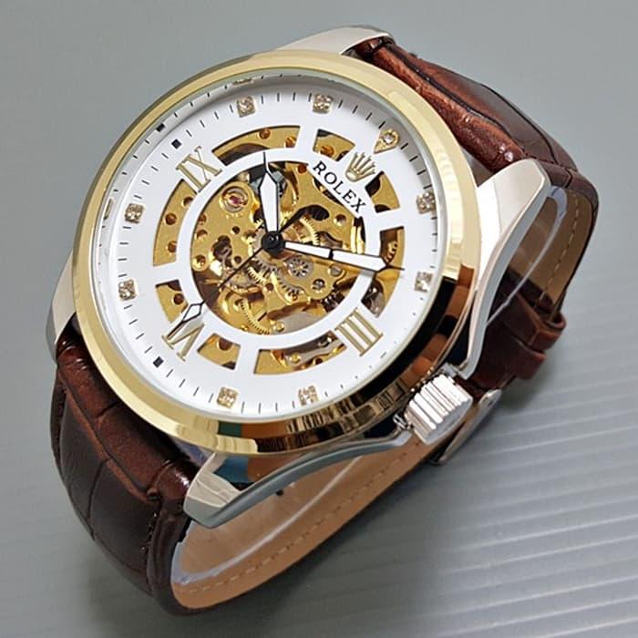 ASLI!!! Jam Tangan Rolex Pria Cowok Leather Skeleton Diamond Gold Romawi Murah
