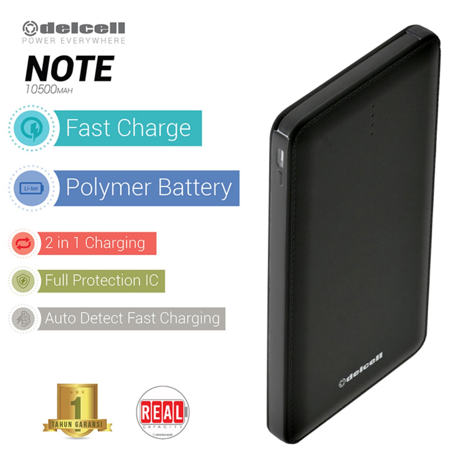 Delcell 10500mAh Powerbank NOTE Real Capacity Slim Powerbank Polymer Battery Build in Cable Fast Charging Garansi Resmi 1 Tahun Power Bank Murah Berkualitas - Hitam
