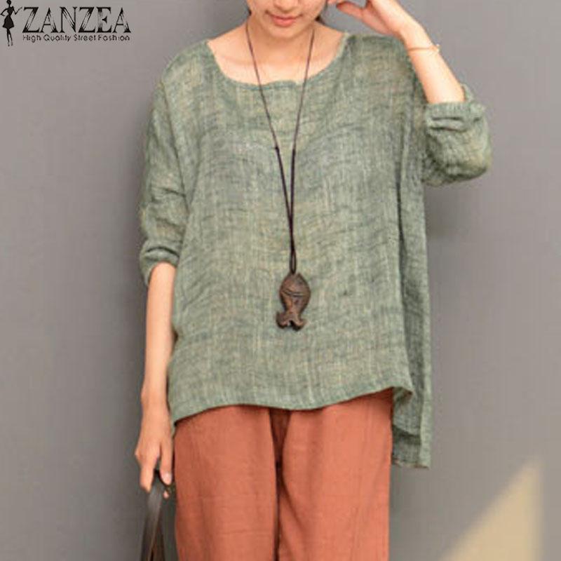 ZANZEA Plus Ukuran Wanita Retro O Leher Panjang Lengan Split Cotton Linen Spring Robe Blus Shirt PARTY Solid Baggy Top Hijau Blusas-Intl