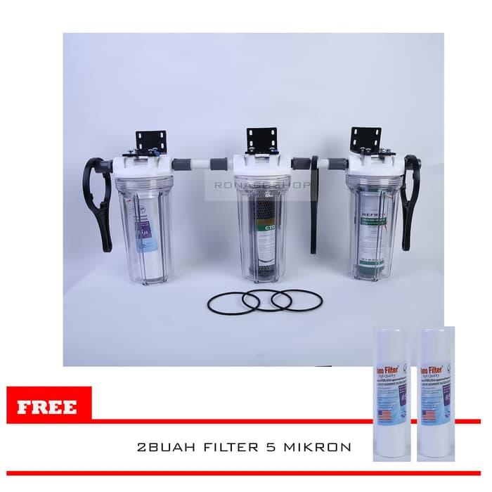 Full set 3 buah Housing Filter air dengan carbon dan sediment + 2 buah filter 5 mikron
