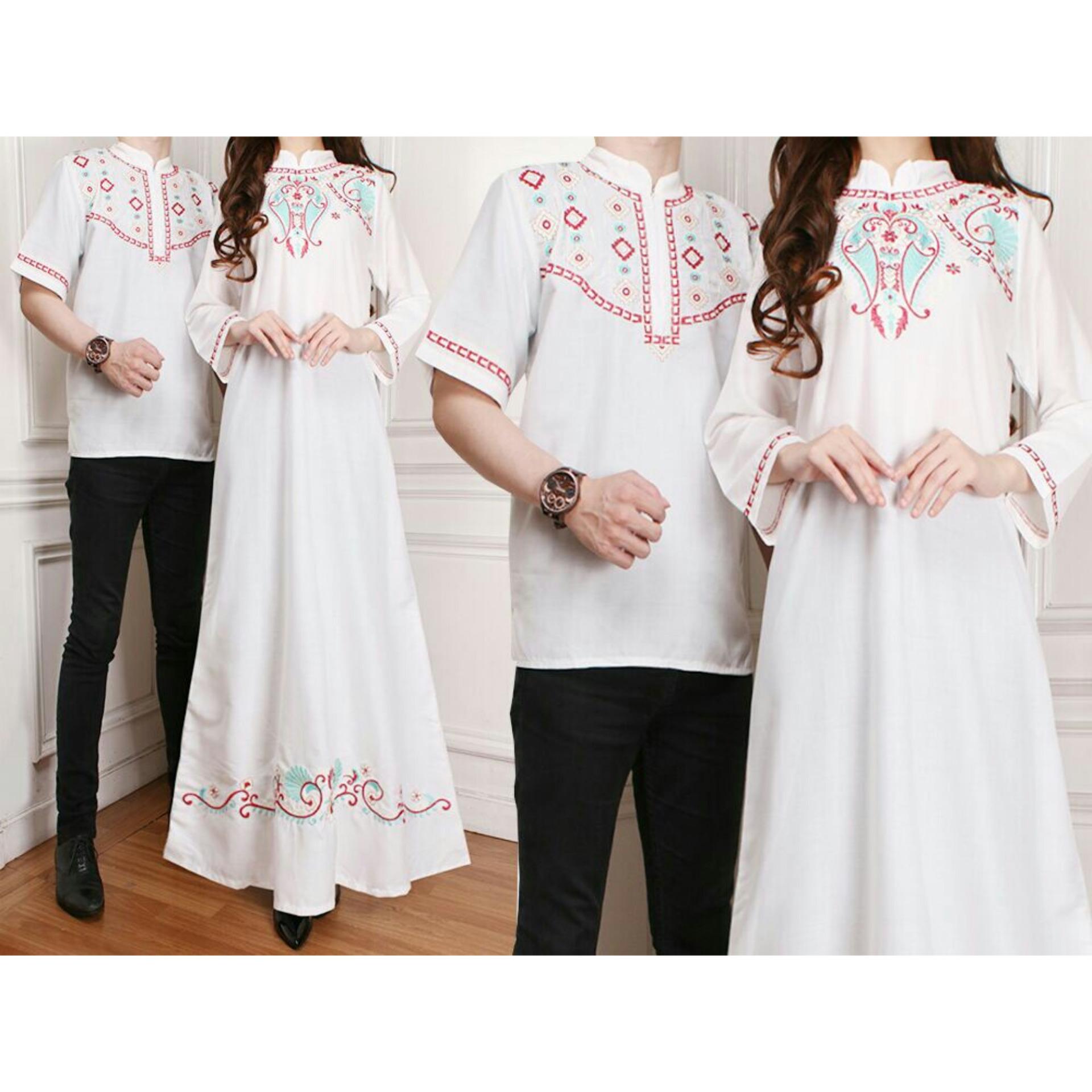 Baju Wanita Shop Batik Couple / Kemeja Gamis Muslim / Gaun Dress Hijab Muslim / Gamis Syar'i pasangan (wne egantel) SS - Putih D1C