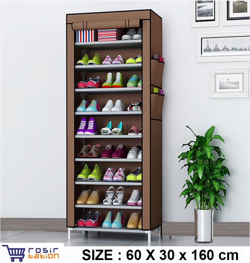 Grosir Station Rak Sepatu 10 Susun / Rak Sepatu Portable / Shoe Rack with Dust Cover - Coklat