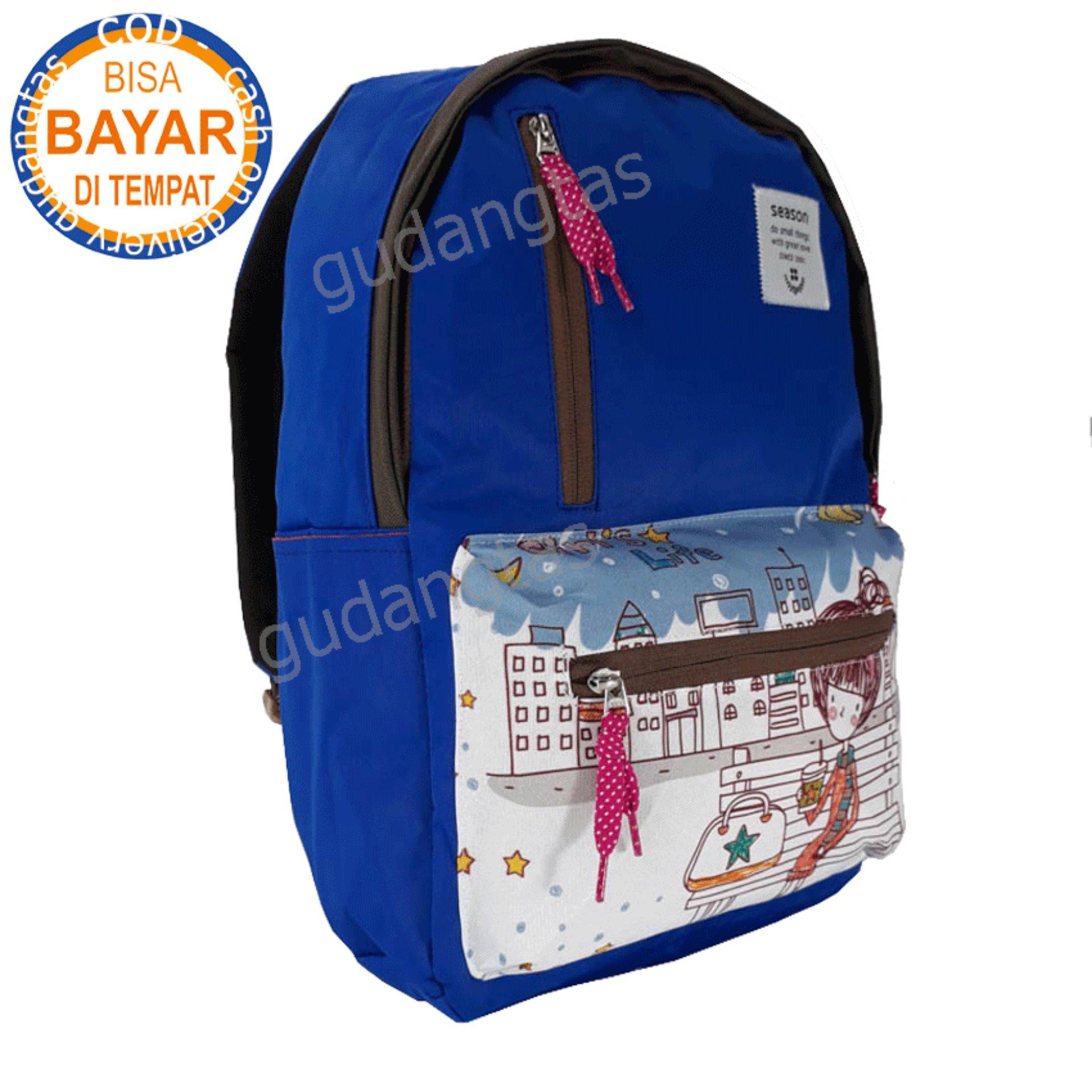 Season Tas ransel, Tas wanita, Tas Sekolah 748X55 Biru Bonus Raincover