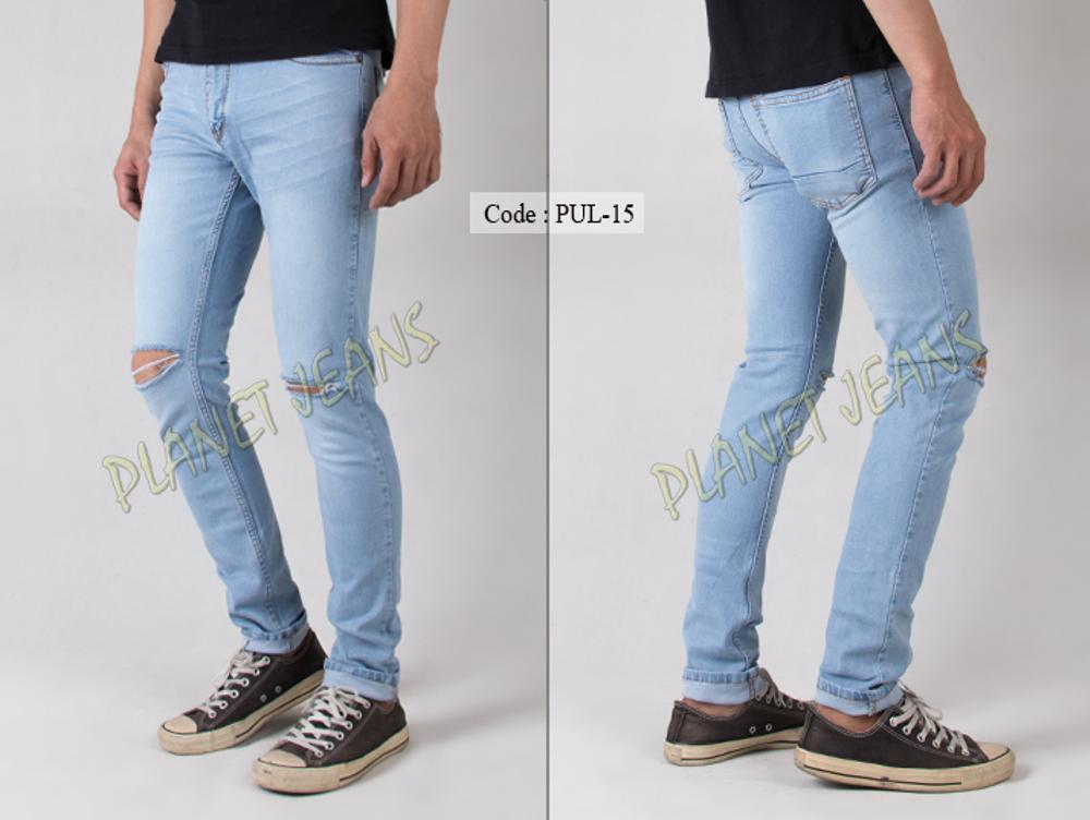 Celana Jeans Robek Lutut Pria Skinny - Pensil Denim Sobek Di Dengkul Warna Biru Muda Cowok PUL15 di lapak Planet Jeans planetjeans
