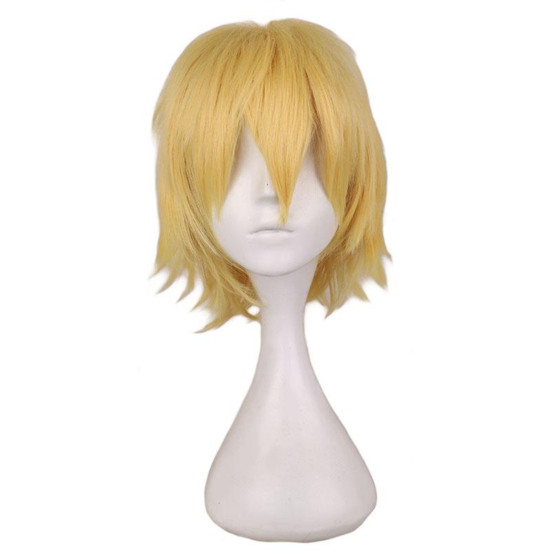 Qqxcaiw Pria Pendek Cosplay Kuning Emas Wig Penuh 30 Cm Serat Temperatur Tinggi Rambut Sintetis Wig