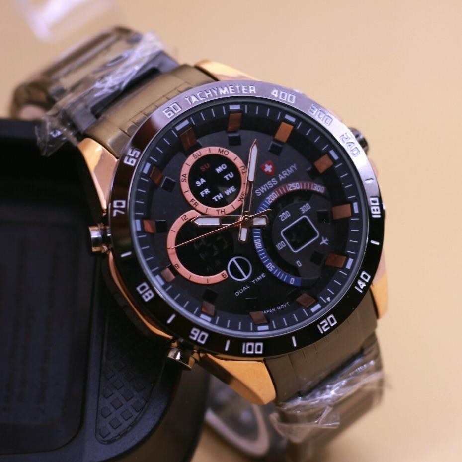Swiss Army Dual Time Analog Digital Stainless Steal Strap Rantai Jam Tangan Pria Sa 4557 Bc