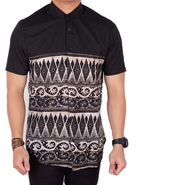 Baju Kemeja Lengan Pendek Pria Dongker Kombinasi Tribal