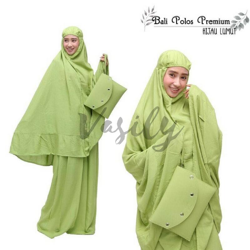 VASILY Mukena Dewasa Bali / Mukenah Murah Bukan Warna Putih dan Motif Bordir Terusan Katun Jepang / Rukuh Bahan Katun Bukan Parasut / Perlengkapan dan Alat Shalat Murah / Bali Polos Premium Hijau Lumut - MVSD017