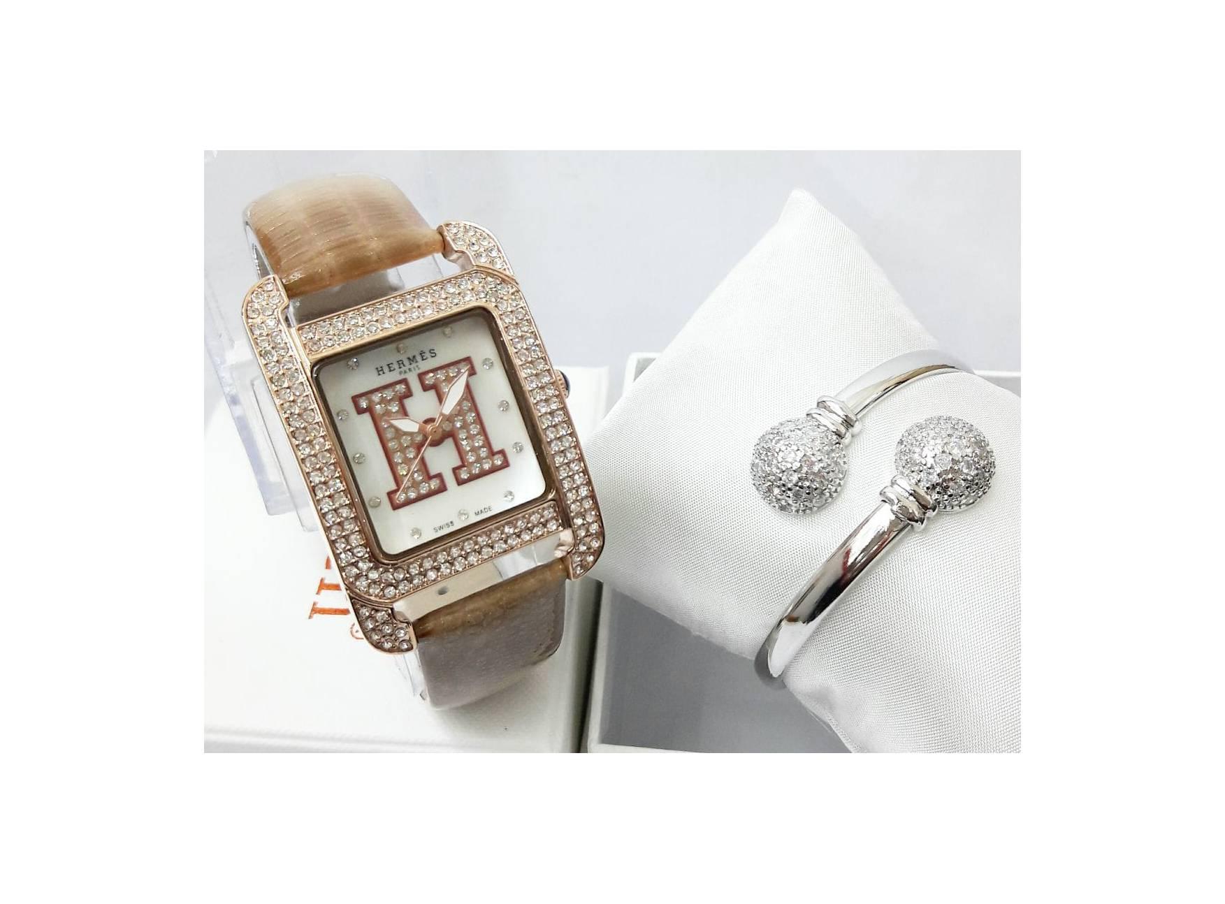 HERMES KULIT PAKET GELANG BROWN (SILVER BOLA)