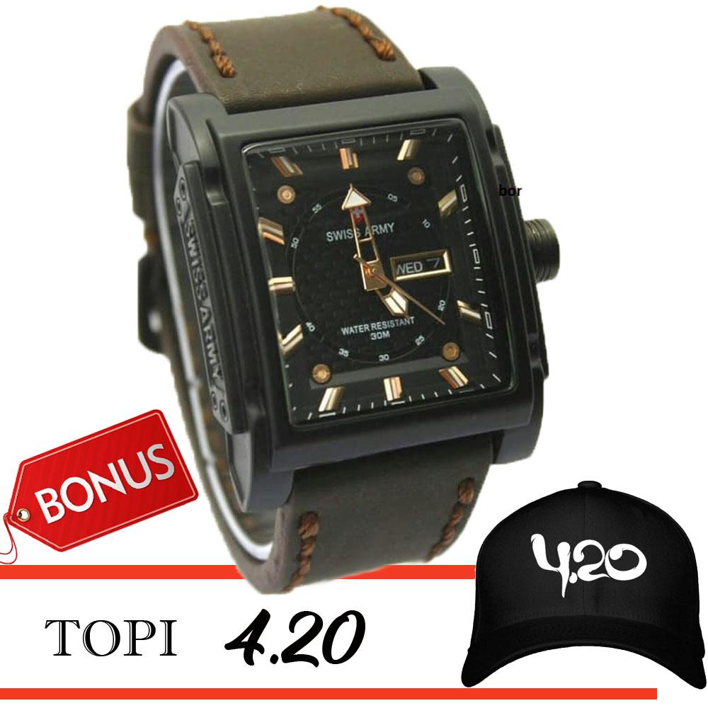 Swiss Army original SA7830 Jam Tangan Pria Darkbrown Leather Strap bonus topi 420 fourtwenty high quality