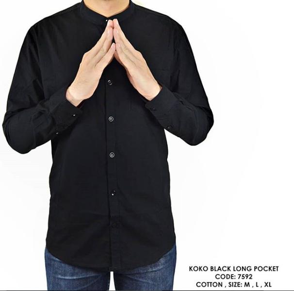 van shirt store BAJU KEMEJA PANJANG KERAH KOKO POLOS POLOSAN HITAM COWOK PRIA Koko Black Long Pocket