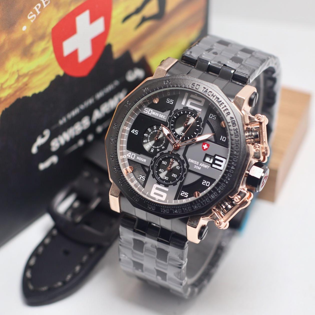 SWISS ARMY ORI - jam tangan pria/lelaki/cowok fashion swiss army SA 4475 model tetonis - CHRONOGRAPH - rantai hitam bodi gold free tali kulit