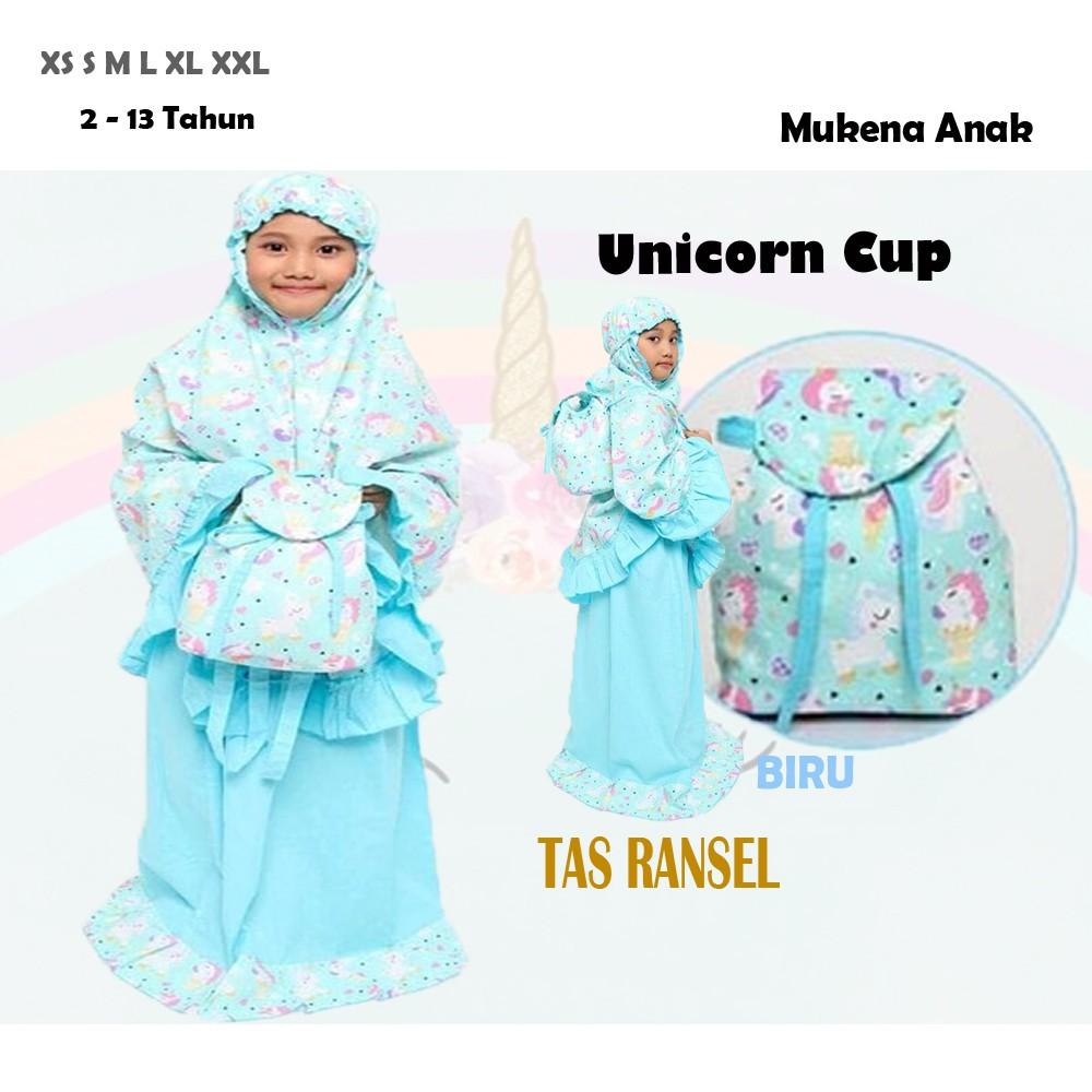 Mukena Katun Anak Tas Ransel Unicorn Cup - Mukena Full Cotton Untuk Anak Paud, TK SD (2-13 Tahun) XS
