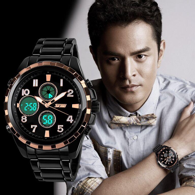 SKMEI Jam Tangan Original Sport Dual Time Water Resist 50m Pria AD1021 Stainless Steel - Black Gold
