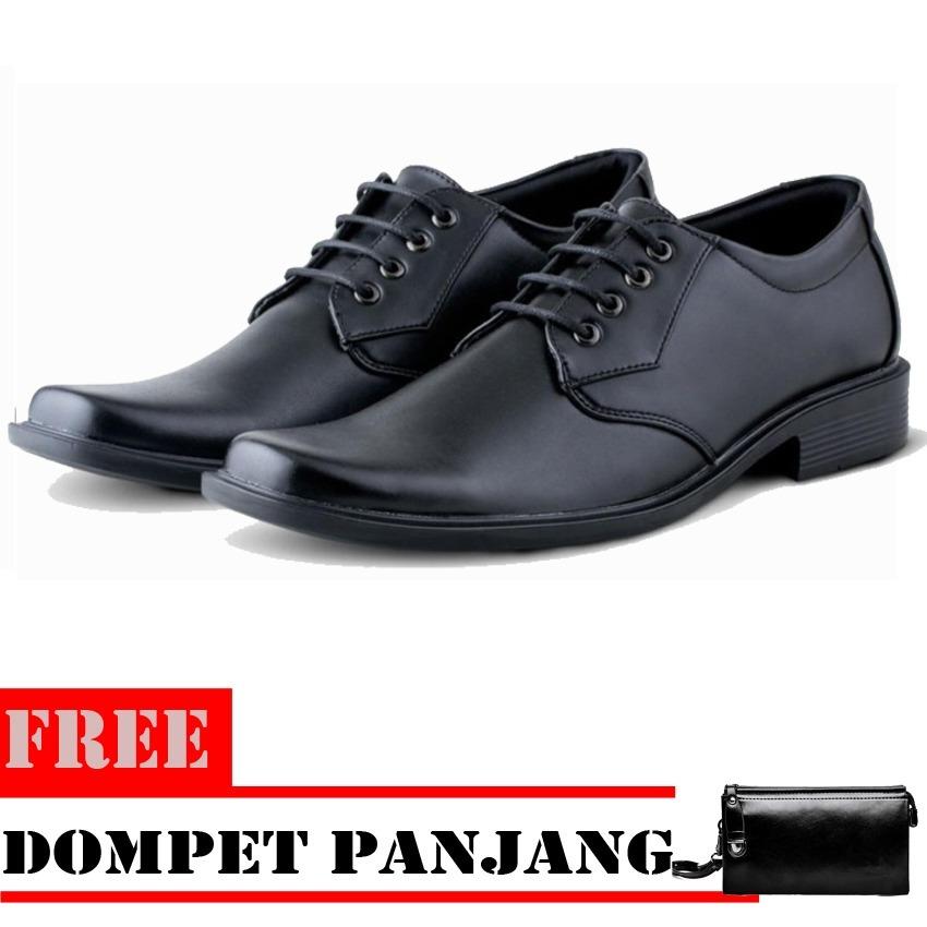 Sepatu Pantofel Pria Kerja Kantor Kulit Sintetis Model Tali-Hitam FREE Dompet Panjang - Hitam