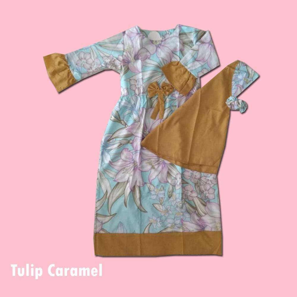 Baju Muslim Anak Murah, Setelan Gamis Jilbab Lucu Tulip Caramel Size 6 (5-6 th)
