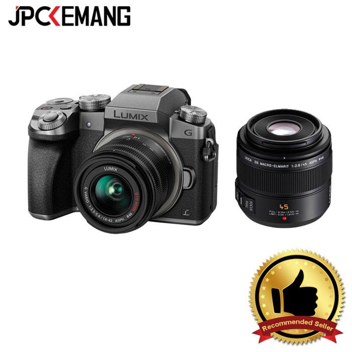 Panasonic Lumix DMC-G7 Kit 14-42mm f/3.5-5.6 II Silver with Panasonic 45mm f/2.8 Leica DG Elmarit jpckemang GARANSI RESMI