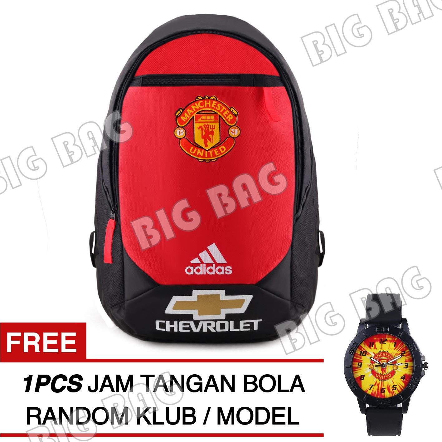 Tas Ransel Adidas Bola Pria M.U Chevrolet Laptop Backpack Men Soccer Editions - Red + Raincover + FREE Jam Tangan Pria Random Color / Model