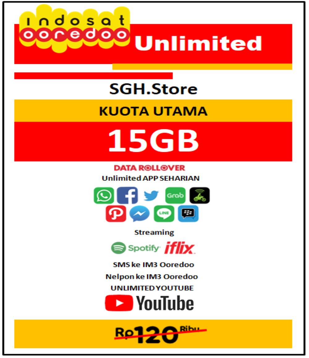 Kuota Paket Internet Indosat Unlimited IDU 15GB+ UNLI= APPS+Unlimited YOUTUBE+UNLI SMS+NELPON SESAMA, 30HR