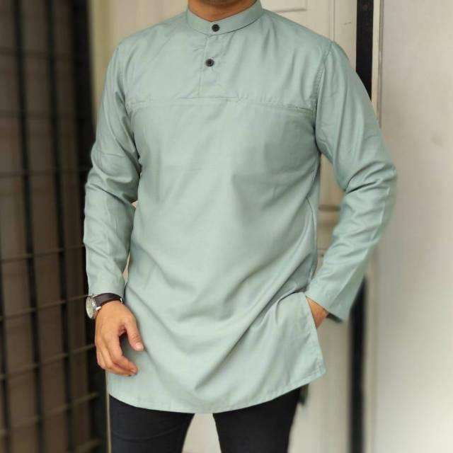 Baju Muslim Sunnah Kurta Pakistan Gamis Murah Pria Remaja Dewasa Polos Simple Lengan Panjang Kancing (Hijau Tosca L)